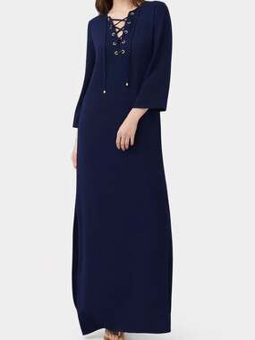 Trina Turk Catamaran Dress Navy Gold Grommet Lace-Up Maxi Shift Dress S Resort